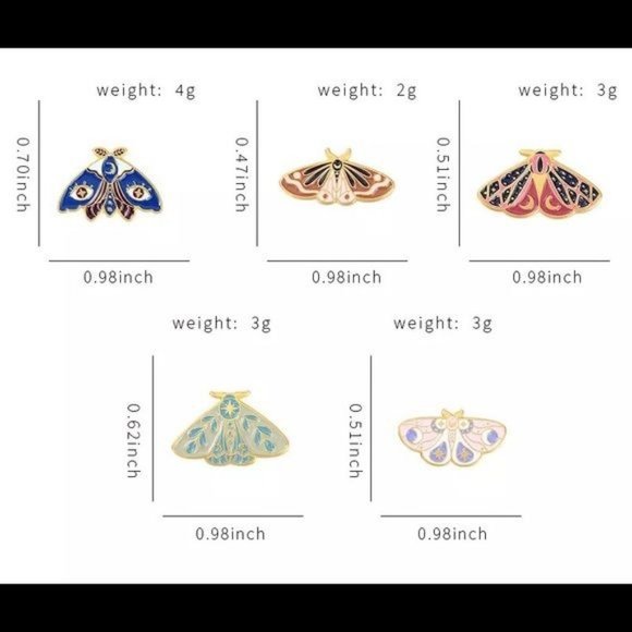 Set of 5 Moth pins enamel moon floral pin - Picture 3 of 3
